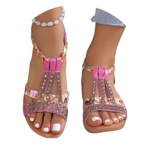 Onsoyours Frauen Sandalen Sommer Boho Offene Schuhe Rom Damen Freizeit Elastischen Knöchelriemchen Keilabsatz Sandals Party Sommerschuhe Strandsandalen mit Strass A Rosenrot 36 EU von Onsoyours