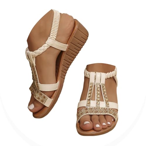 Onsoyours Frauen Sandalen Sommer Boho Offene Schuhe Rom Damen Freizeit Elastischen Knöchelriemchen Keilabsatz Sandals Party Sommerschuhe Strandsandalen mit Strass B Beige 35 EU von Onsoyours