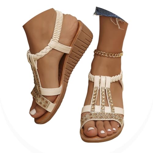 Onsoyours Frauen Sandalen Sommer Boho Offene Schuhe Rom Damen Freizeit Elastischen Knöchelriemchen Keilabsatz Sandals Party Sommerschuhe Strandsandalen mit Strass B Beige 39 EU von Onsoyours