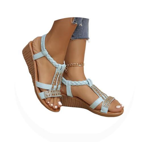 Onsoyours Frauen Sandalen Sommer Boho Offene Schuhe Rom Damen Freizeit Elastischen Knöchelriemchen Keilabsatz Sandals Party Sommerschuhe Strandsandalen mit Strass B Blau 37 EU von Onsoyours