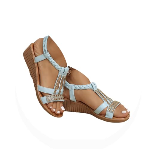 Onsoyours Frauen Sandalen Sommer Boho Offene Schuhe Rom Damen Freizeit Elastischen Knöchelriemchen Keilabsatz Sandals Party Sommerschuhe Strandsandalen mit Strass B Blau 40 EU von Onsoyours