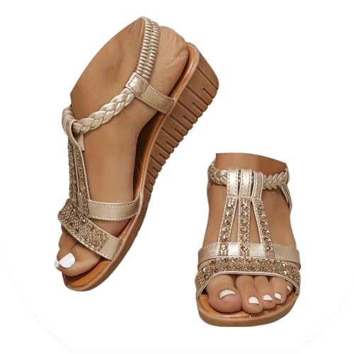 Onsoyours Frauen Sandalen Sommer Boho Offene Schuhe Rom Damen Freizeit Elastischen Knöchelriemchen Keilabsatz Sandals Party Sommerschuhe Strandsandalen mit Strass B Gold 37 EU von Onsoyours