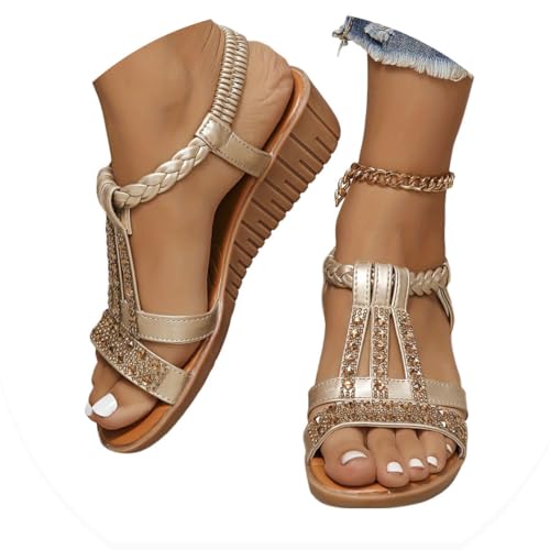 Onsoyours Frauen Sandalen Sommer Boho Offene Schuhe Rom Damen Freizeit Elastischen Knöchelriemchen Keilabsatz Sandals Party Sommerschuhe Strandsandalen mit Strass B Gold 39 EU von Onsoyours