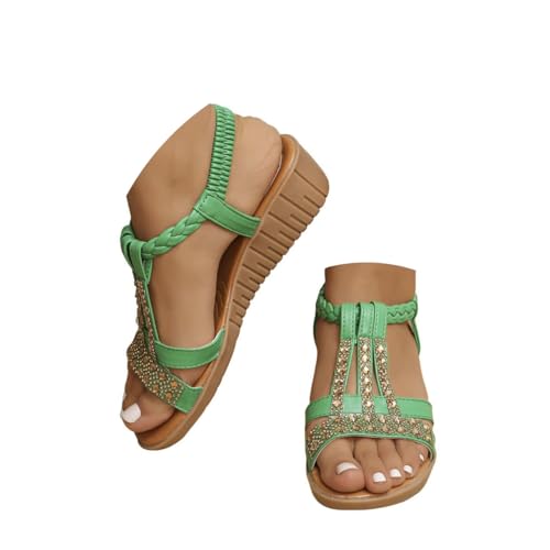 Onsoyours Frauen Sandalen Sommer Boho Offene Schuhe Rom Damen Freizeit Elastischen Knöchelriemchen Keilabsatz Sandals Party Sommerschuhe Strandsandalen mit Strass B Grün 36 EU von Onsoyours