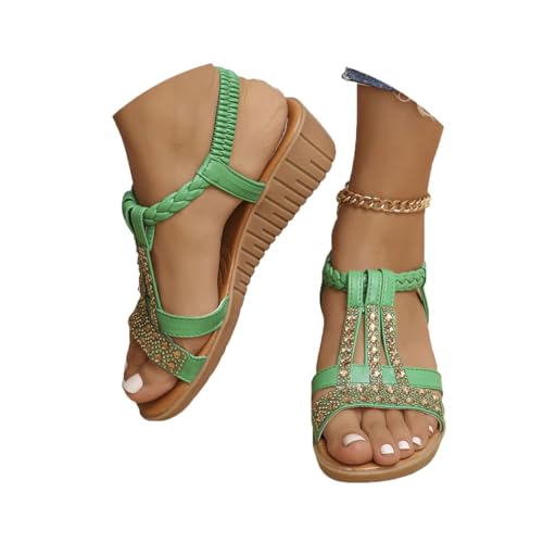 Onsoyours Frauen Sandalen Sommer Boho Offene Schuhe Rom Damen Freizeit Elastischen Knöchelriemchen Keilabsatz Sandals Party Sommerschuhe Strandsandalen mit Strass B Grün 41 EU von Onsoyours