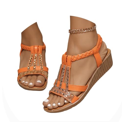 Onsoyours Frauen Sandalen Sommer Boho Offene Schuhe Rom Damen Freizeit Elastischen Knöchelriemchen Keilabsatz Sandals Party Sommerschuhe Strandsandalen mit Strass B Orange 35 EU von Onsoyours