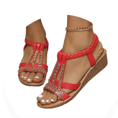 Onsoyours Frauen Sandalen Sommer Boho Offene Schuhe Rom Damen Freizeit Elastischen Knöchelriemchen Keilabsatz Sandals Party Sommerschuhe Strandsandalen mit Strass B Rot 38 EU von Onsoyours