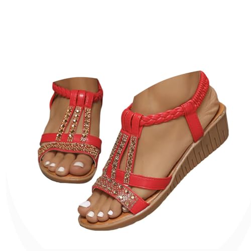 Onsoyours Frauen Sandalen Sommer Boho Offene Schuhe Rom Damen Freizeit Elastischen Knöchelriemchen Keilabsatz Sandals Party Sommerschuhe Strandsandalen mit Strass B Rot 39 EU von Onsoyours