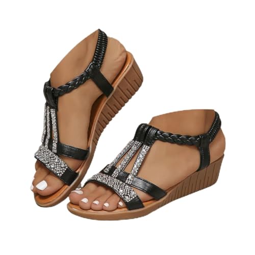 Onsoyours Frauen Sandalen Sommer Boho Offene Schuhe Rom Damen Freizeit Elastischen Knöchelriemchen Keilabsatz Sandals Party Sommerschuhe Strandsandalen mit Strass B Schwarz 01 41 EU von Onsoyours