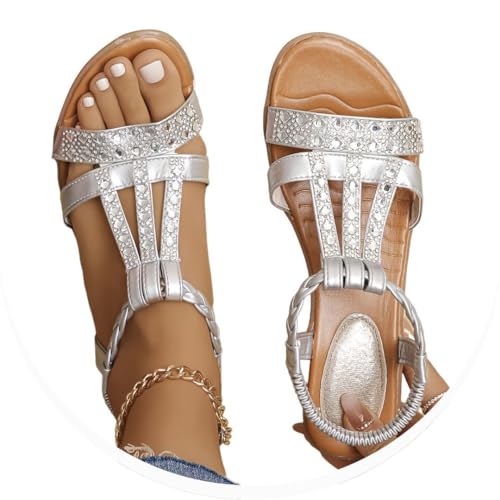 Onsoyours Frauen Sandalen Sommer Boho Offene Schuhe Rom Damen Freizeit Elastischen Knöchelriemchen Keilabsatz Sandals Party Sommerschuhe Strandsandalen mit Strass B Silber 39 EU von Onsoyours