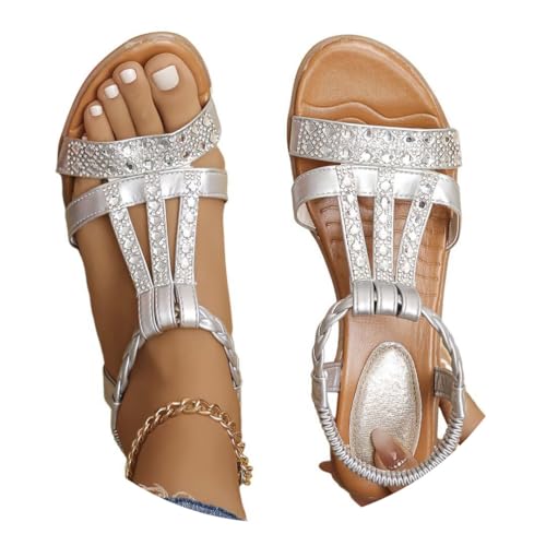 Onsoyours Frauen Sandalen Sommer Boho Offene Schuhe Rom Damen Freizeit Elastischen Knöchelriemchen Keilabsatz Sandals Party Sommerschuhe Strandsandalen mit Strass B Silber 42 EU von Onsoyours