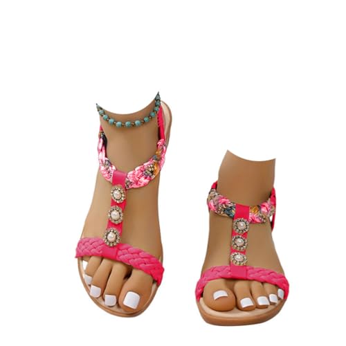Onsoyours Frauen Sandalen Sommer Boho Offene Schuhe Rom Damen Freizeit Elastischen Knöchelriemchen Keilabsatz Sandals Party Sommerschuhe Strandsandalen mit Strass C Rosenrot 39 EU von Onsoyours