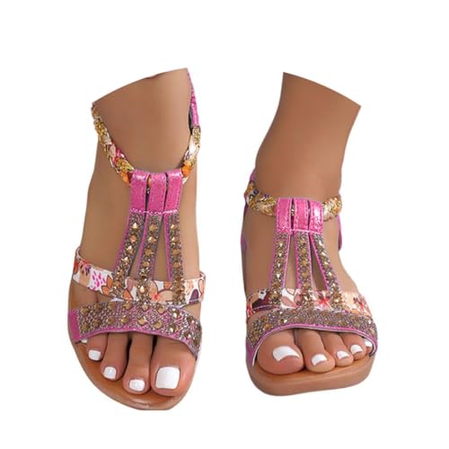 Onsoyours Frauen Sandalen Sommer Boho Offene Schuhe Rom Damen Freizeit Elastischen Knöchelriemchen Keilabsatz Sandals Party Strandsandalen Sommerschuhe mit Strass A Rosenrot 38 EU von Onsoyours
