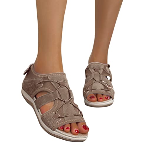 Onsoyours Frauen Wandernsandalen Sommer Damen Trekking Sport Wasser Schuhe Flach Cross-Tied Beach Peeptoe Verstellbare Klettverschluss Walking Schuhe A Khaki 38 EU von Onsoyours