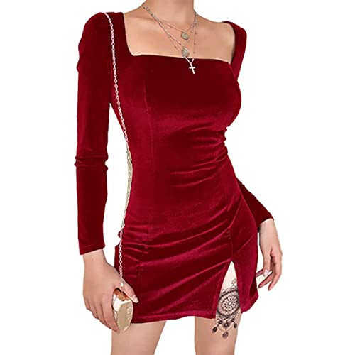 Onsoyours FrauenLange Ärmel Kleider Herbst Bodycon Party Minikleid Mode Fancy Full Sleeve Split Strapless Off Schulter Elegant Kleidung B Rot S von Onsoyours