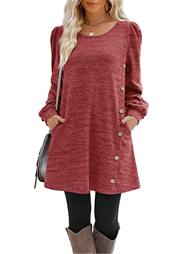 Onsoyours Freizeitkleid Damen Pulloverkleid Elegante Einfarbig Rundhals Winter Casual Langarm Minikleid Herbstkleid Tunika Kleid mit Taschen und Knöpfe A Rot XXL von Onsoyours