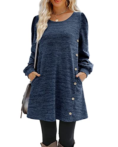 Onsoyours Freizeitkleid Damen Pulloverkleid Elegante Einfarbig Rundhals Winter Casual Langarm Minikleid Herbstkleid Tunika Kleid mit Taschen und Knöpfe C Marine S von Onsoyours