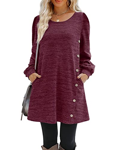 Onsoyours Freizeitkleid Damen Pulloverkleid Elegante Einfarbig Rundhals Winter Casual Langarm Minikleid Herbstkleid Tunika Kleid mit Taschen und Knöpfe C Weinrot S von Onsoyours