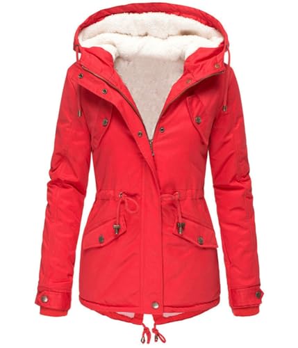 Onsoyours Funktionsjacke Damen Winterjacke Warm Gefüttert Parka Wintermantel Steppjacke Lang Steppmantel Mittellang Winterjacke mit Kapuze Dicke Coat A Rot XS von Onsoyours