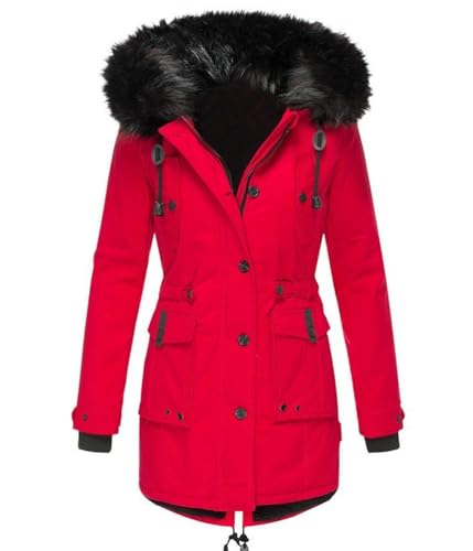 Onsoyours Funktionsjacke Damen Winterjacke Warm Gefüttert Parka Wintermantel Steppjacke Lang Steppmantel Mittellang Winterjacke mit Kapuze Dicke Coat B Rot XL von Onsoyours