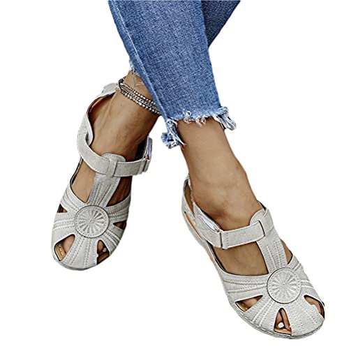 Onsoyours Geschlossene Sandalen Damen Faux Leder Arbeitsschuhe Sommerschuhe Bequeme Freizeit Flache Sandaletten Wandern Sport Sommer Strand Klettverschluss Sandalen B Grau 40 EU von Onsoyours