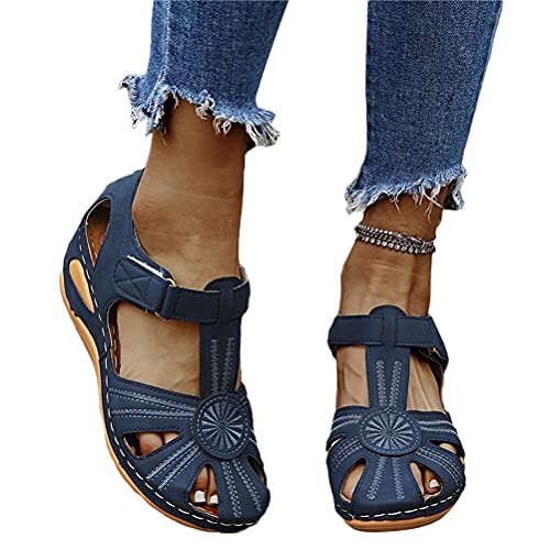 Onsoyours Geschlossene Sandalen Damen Faux Leder Arbeitsschuhe Sommerschuhe Bequeme Freizeit Flache Sandaletten Wandern Sport Sommer Strand Klettverschluss Sandalen B Navy Blau 38 EU von Onsoyours