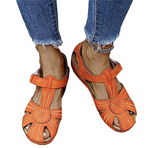 Onsoyours Geschlossene Sandalen Damen Faux Leder Arbeitsschuhe Sommerschuhe Bequeme Freizeit Flache Sandaletten Wandern Sport Sommer Strand Klettverschluss Sandalen B Orange 39 EU von Onsoyours