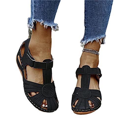 Onsoyours Geschlossene Sandalen Damen Faux Leder Arbeitsschuhe Sommerschuhe Bequeme Freizeit Flache Sandaletten Wandern Sport Sommer Strand Klettverschluss Sandalen B Schwarz 37 EU von Onsoyours