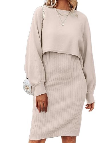Onsoyours Gestrickter Pullover Zweiteiliger Anzug Damen Herbst Und Winter Einfarbig Langarm Kurzer Pullover + Ärmellos Strickkleider Zweiteiliges Set Weibliche Strickpullover Outfits A Beige M von Onsoyours