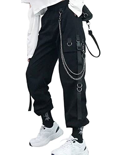 Onsoyours Gothic Hosen Damen Lang Schwarz Cargo Hosen Hip Hop Hohe Taille Jogger Street Hose mit Kette Jogginghose Freizeithosen mit Reißverschluss Punk Streetwear A Schwarz XXL von Onsoyours