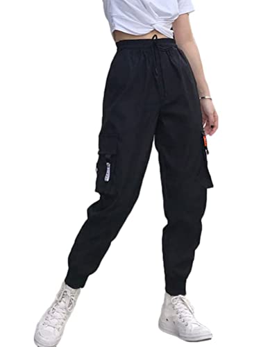 Onsoyours Gothic Hosen Damen Lang Schwarz Cargo Hosen Hip Hop Hohe Taille Jogger Street Hose mit Kette Jogginghose Freizeithosen mit Reißverschluss Punk Streetwear F Schwarz L von Onsoyours