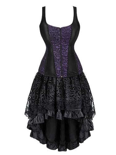 Onsoyours Gothic Kleid Damen High Low Design Steampunk Kleid Vintage A Line Swing Cocktail Gothic Halloween Cosplay Kostüm Minikleid Abendkleid B Violett L von Onsoyours