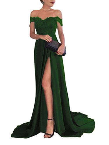 Onsoyours Grün Spitze Off Shoulder Plissee Kurzarm Schlitz Elegante Maxikleid Partykleid Abendkleid XL von Onsoyours
