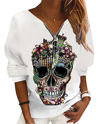 Onsoyours Halloween Oberteile Damen Totenkopf Print Sweatshirt V-Ausschnitt Mit Reißverschluss Langarm Shirts Pullover Teenager Mädchen Sport Tops Bequem Casual 01 Weiß 3XL von Onsoyours