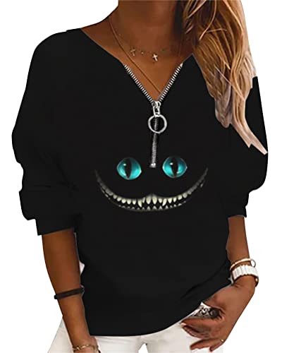 Onsoyours Halloween Oberteile Damen Totenkopf Print Sweatshirt V-Ausschnitt Mit Reißverschluss Langarm Shirts Pullover Teenager Mädchen Sport Tops Bequem Casual 05 Schwarz S von Onsoyours