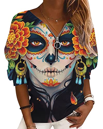 Onsoyours Halloween Oberteile Damen Totenkopf Print Sweatshirt V-Ausschnitt Mit Reißverschluss Langarm Shirts Pullover Teenager Mädchen Sport Tops Bequem Casual 06 Schwarz XXL von Onsoyours