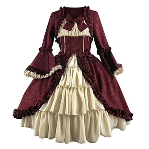 Onsoyours Damen Mittelalterliche Kleid Kurzarm Schnürung Mittelalter Ballkleider Retro Halloween Party Cosplay Kostüm Maxikleid E Weinrot L von Onsoyours