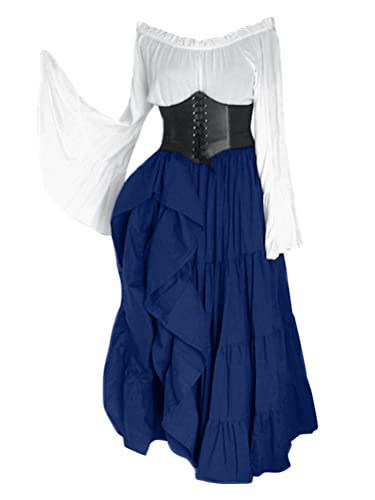 Onsoyours Damen Mittelalterliche Kleid Kurzarm Schnürung Mittelalter Ballkleider Retro Halloween Party Cosplay Kostüm Maxikleid F Blau XL von Onsoyours