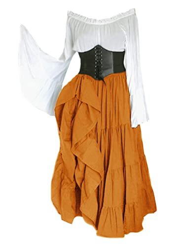 Onsoyours Halloween Tops Damen Langarm Oberteile mit Trompetenärmel Asymmetrischer Swing Tunika Frauen Elegant Tshirt Karneval Fasching Halloween Mittelalterliche Gothic Tops F Orange L von Onsoyours