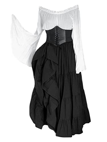 Onsoyours Damen Mittelalterliche Kleid Kurzarm Schnürung Mittelalter Ballkleider Retro Halloween Party Cosplay Kostüm Maxikleid F Schwarz L von Onsoyours
