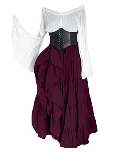 Onsoyours Damen Mittelalterliche Kleid Kurzarm Schnürung Mittelalter Ballkleider Retro Halloween Party Cosplay Kostüm Maxikleid F Violett XXL von Onsoyours