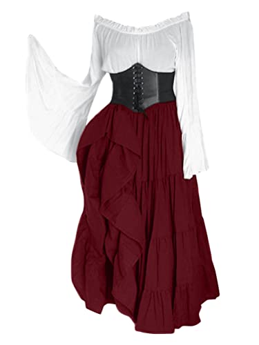 Onsoyours Damen Mittelalterliche Kleid Kurzarm Schnürung Mittelalter Ballkleider Retro Halloween Party Cosplay Kostüm Maxikleid F Weinrot XXL von Onsoyours