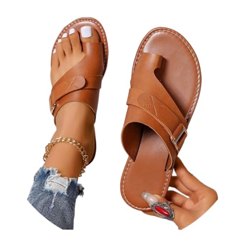 Onsoyours Hallux Valgus Big Toe Schuhe Damen Sommer Orthopädische Sandalen Frauen Bequeme Hausschuhe PU Strandsandalen Sandaletten Pantolette Loop Toe Shoes A Braun 40 EU von Onsoyours