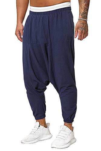 Onsoyours Haremshose Pumphose Kurze Herren Freizeithosen Hippie Hosen Einfarbig Baumwolle Aladinhose Pluderhose Multi-Tasche Sport Tanzen Hosen Y Blau S von Onsoyours