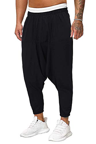 Onsoyours Haremshose Pumphose Kurze Herren Freizeithosen Hippie Hosen Einfarbig Baumwolle Aladinhose Pluderhose Multi-Tasche Sport Tanzen Hosen Y Schwarz S von Onsoyours