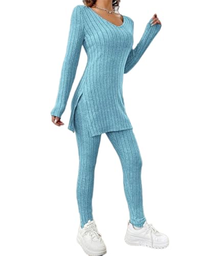 Onsoyours Hausanzug Damen 2-Teiliges Set Gerippte Pullover Oberteile Langarmshirt Schlitz und Jogging Hose Strickanzug Freizeitanzug Einfarbig Loungewear Pyjamas Anzug A Blau M von Onsoyours