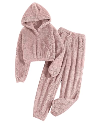 Onsoyours Hausanzug Damen Fleece Plüsch Dicke Schlafanzug Jogginganzug Trainingsanzug Freizeitanzug Warm Weich Pyjama Set Sportanzug Kapuzen Sweatshirt & Hose für Sport Freizeit A Rosa S von Onsoyours
