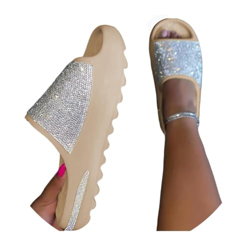 Onsoyours Hausschuhe Damen Glitzer Strassstein Slipper Cozy Slides Strand Pantoletten rutschfest Bequeme Dicke Sohle Sommer Sandals Flip Flops Freizeitschuhe A Aprikose 40 EU von Onsoyours