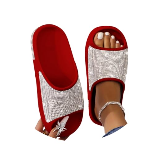 Onsoyours Hausschuhe Damen Glitzer Strassstein Slipper Cozy Slides Strand Pantoletten rutschfest Bequeme Dicke Sohle Sommer Sandals Flip Flops Freizeitschuhe A Rot 38 EU von Onsoyours