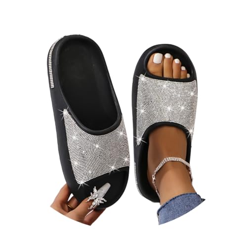 Onsoyours Hausschuhe Damen Glitzer Strassstein Slipper Cozy Slides Strand Pantoletten rutschfest Bequeme Dicke Sohle Sommer Sandals Flip Flops Freizeitschuhe A Schwarz 38 EU von Onsoyours
